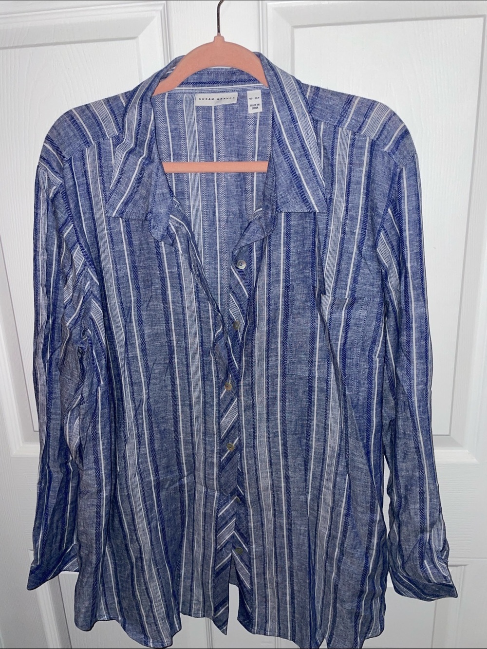 Susan Graver Blue and White Striped Button-Down Shirt